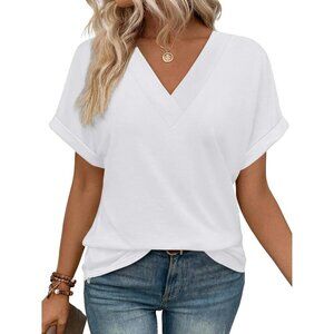 Womens White Polyester Blend Short Dolman Sleeve V Neck Outfits Summer Tops